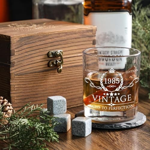 40th Birthday Gifts for Men Whiskey Glass Set - 40th Birthday Decorations, Party Supplies - 40 Year Anniversary, Bday Gifts Ideas for Him, Dad, Husband, Friends - Wood Box & Whiskey Stones & Coaster