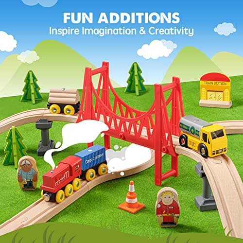 Tiny Land 55PCS Wooden Train Set - Compatible with Major Brand Tracks, Educational Toy for Toddlers & Kids Ages 3-7, Durable Wooden Railway Tracks