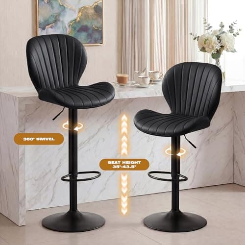 GRUSIGN Bar Stools Set of 2, Modern Swivel Adjustable Bar Chairs, Faux Leather Upholstered Counter Height Bar Stools with Backrest, Comfort Barstools for Kitchen Island, Home Bar, Black