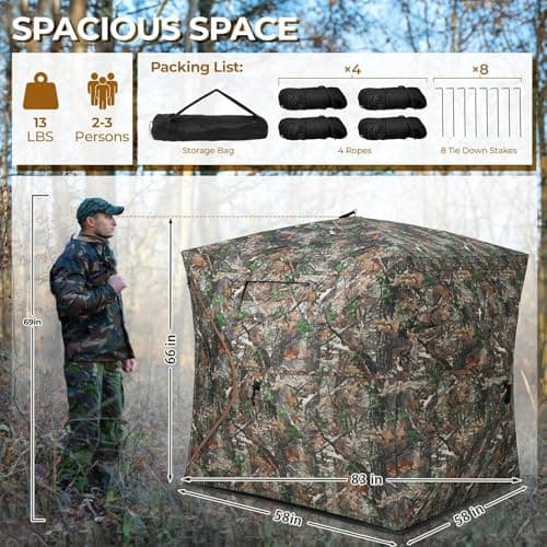 HUNTSEN Hunting Blind 270 Degree See Through Ground Blind - 2-3 & 3-4 Person Pop Up Deer Blind for Hunting with Carrying Bag - 300D Reinforced Portable Durable Blind for Turkey and Deer