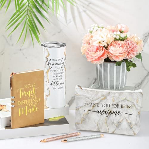 Female Thank You Work Anniversary May You Be Proud 20oz Tumbler Makeup Bag Journal Gift for Boss Teacher Custodian Customer Domensi 6 Pcs Employee Appreciation Gift Set for Women, White B0CHYMKWLB