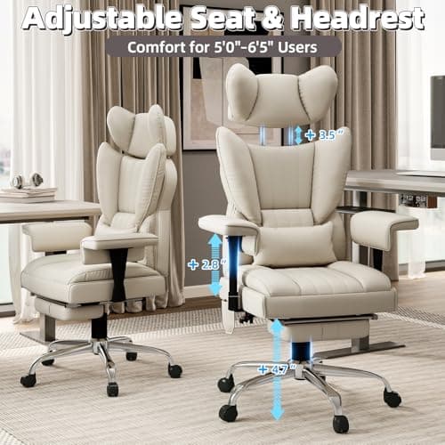 Massage Office Chair with Heat - 6 Points Vibration 400LBS Leather Reclining Office Chair with Lumbar Pillow, Adjust Headrest and Armrest, Executive Desk Chair for Home Office, Beige
