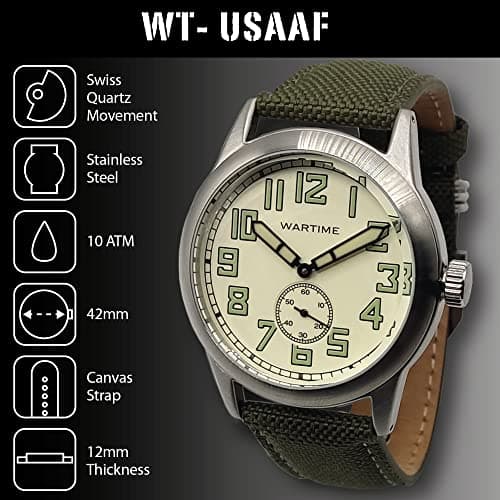 WTI WORLD TIME INTERNATIONAL WARTIME | WW2 Military Watch – Vintage USAAF Watch, Swiss-Quartz Movement with Canvas strap and leather lining, 10 ATM Water Resistant. The Perfect WW2 Memorabilia. Mens Watches for Ever