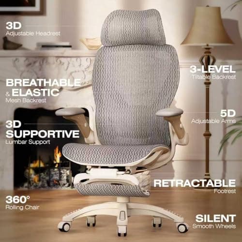 ELABEST X100 Ergonomic Office Chair with Footrest, Big and Tall Home Desk Chair with 5D Flip-Up Arms, Adjustable 3D Lumbar Support,High Back Rolling Computer Chair, Swivel Mesh Chairs (Foggy Morning)