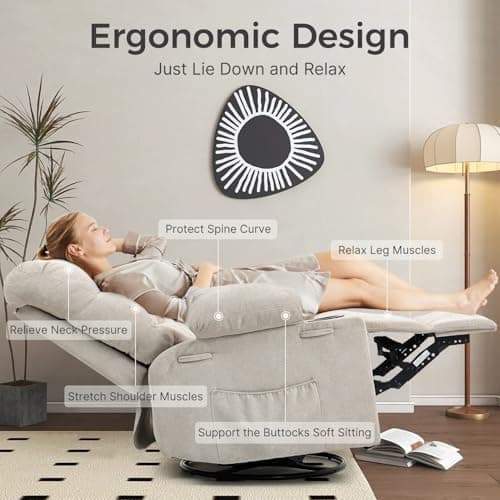 Quiet Massage Recliner Chair with Heat, 360 Swivel Rocker Glider for Nursing, Back Pain Relief, Manual Overstuffed Single Sofa with Cup Holders & Side Pockets, Oatmeal Gray