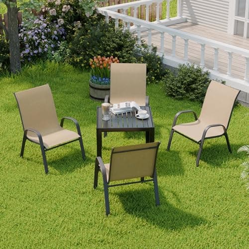 Patio Chairs Set of 4, Outdoor Dining Chairs Stackable for All Weather, Breathable Metal Modern Outside Furniture Chair for Pool Side, Garden, Backyard Deck, Brown