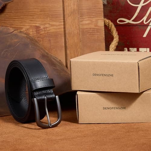 DENGFENGZHE Men's Full Grain Leather Belt for Everyday Casual Jeans, 1.5" Handmade Men Leather Belts with Gift Box