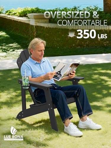 LUE BONA HDPE Adirondack Chairs Set of 4 - Weather Resistant Seating with Cup Holder for Patio, Fire Pit, Deck & Resort Garden, Black