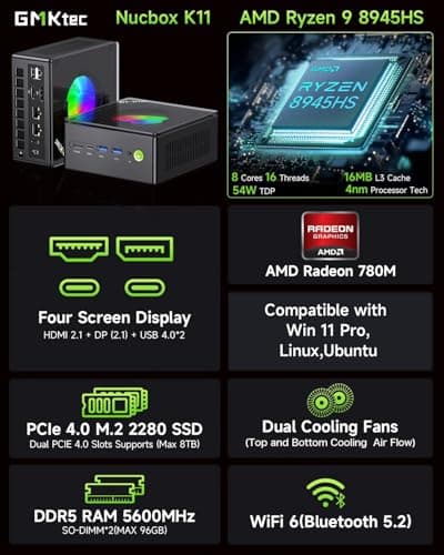 GMKtec Gaming Mini PC AMD Ryzen 9 8945HS (Turbo 5.1GHz) 32GB DDR5 2TB SSD, Computers PC Oculink, Dual NIC LAN 2.5G, WiFi 6, USB3.2, USB-C 4.0, BT5.2, DP, HDMI, Dual Fan Nucbox K11