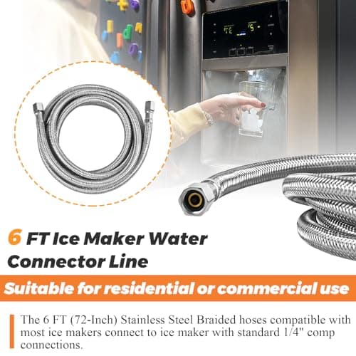 UPGRADE Ice Maker Water Connector Line by Beaquicy - 6 FT (72-Inch) Stainless Steel Braided Hoses with 1/4-in Compression x 1/4-in Compression