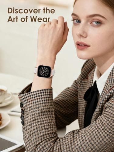 V.R.HOPE Apple Watch Band for Women 38mm 40mm 41mm 42mm Fashion Rose Gold Stainless Steel Metal Strap with Resin Inlay, Fashion Bracelet Compatible with iWatch Series 11/10/9/8/7/6/5/4/3/2/1/SE (Fluorescent White+Rose Gold)