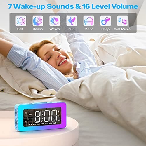 AFEXOA RGB Night Light Alarm Clock for Kids, Teenagers, Adults, Mirrored Clock with Dual Alarms, Snooze, LED Display, USB Charger, Small Dimmable Alarms for Bedtime