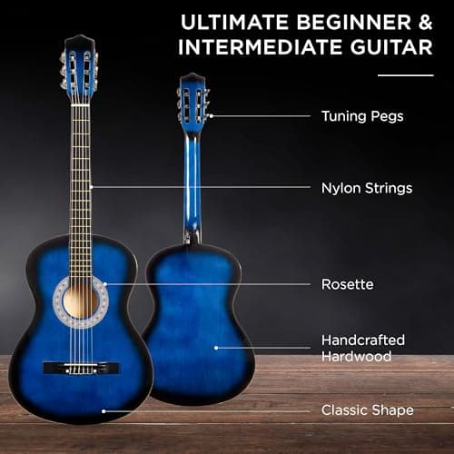 Best Choice Products 38in Beginner All Wood Acoustic Guitar Starter Kit w/Gig Bag, 6 Picks, Nylon Strings, Strap w/Pick Holder - Blue