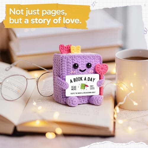 Funny Book-Themed Birthday Book Club Bookish Gifts for Reader, Librarian, Bookworm, Desk Decor, Handmade Book Lovers Gifts for Women, Girl, Book-Shaped Positive Support Crochet B0GL26L547