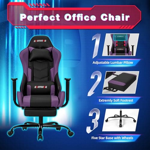 ECOTOUGE PC Massage Gaming Chair with Footrest Ergonomic Office Desk Chair Racing PU Leather Recliner Swivel Rocker with Headrest and Lumbar Pillow, Violet
