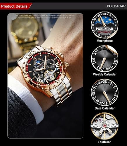 FORSINING Mechanical Men's Watch, Moon Phase Tourbillon Automatic Self-Wind Wristwatch, Luxury Stainless Steel Band 43mm Big Dial Mens Wrist Watch with 3 Sub Dial