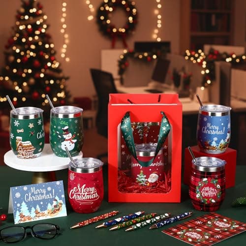 12oz Stainless Steel Coffee Mug, Christmas Cup with Lid and Straw, Pen Card Gift Bag Set, for Colleague Coworker Party Supply Patelai 30 Pcs 2026 Christmas Tumbler Gift Set for Employees B0FN44WP6G