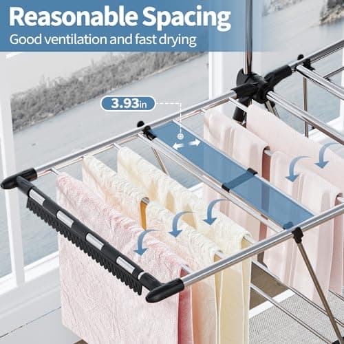 APEXCHASER Clothes Drying Rack with High Hanger, Foldable 3-Level Drying Racks with Shoe Rack, Crossbar and Vertical Rod Laundry Stand with Adjustable Wings Silver