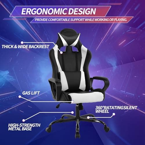 Gaming Chair Office Chair High-Back Ergonomic Video Game Chairs for Kids Teen Adult Height Adjustable Reclining Computer Chair with Lumbar Support Armrest Headrest Game Chair - White