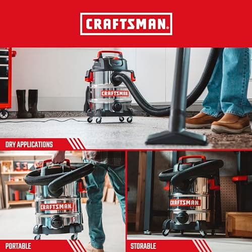 CRAFTSMAN CMXEVBE17155 10 Gallon 6.0 Peak HP Stainless Steel Wet Dry Vac, Portable Shop Vacuum Wet and Dry with Filter, Hose and Attachments for Home and Garage Use