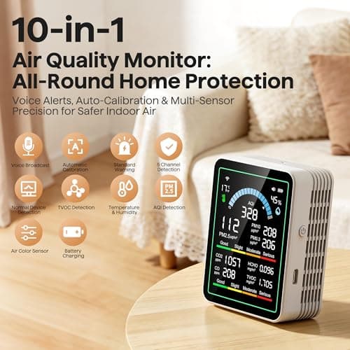 Air Quality Monitor Indoor, 10 in 1 Portable Smartair Quality Tester for CO2 | CO | TVOC | HCHO | Temp | AQI | PM0.3-1 Detection Suitable for Home, Cars, Plants, Pets and Hotels -White