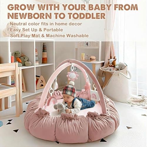 HAN-MM 5-in-1 Convertible Baby Play Gym with 6 Toys, Tummy Time Mat for Sensory Development, Baby Activity Center from Newborn to Toddler, Ball Pit, Soft Plush Pet Mat, Pink