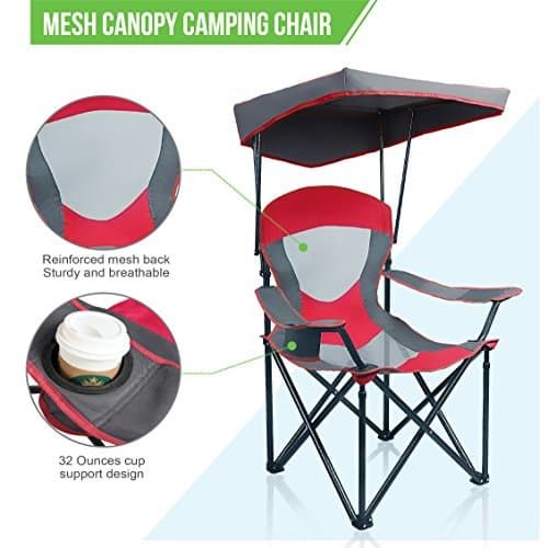 ALPHA CAMP Heavy Duty Canopy Camping Chair, 350 lbs Capacity Oversized Folding Chair with Adjustable Sunshade, Portable Sunshade Chair with Cup Holder for Beach, Fishing, Outdoor, Red