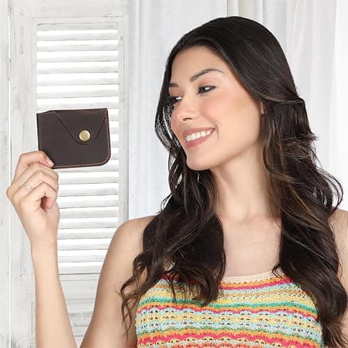 TheAntiq Brown Leather Card Holder Minimalist Wallet Handmade - Slim Credit Card Case with Button Closure - Compact Leather Card Case Holds Up to 4 Cards - Front Pocket Wallet for Men & Women
