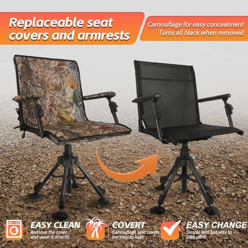 FUNHORUN Hunting Chair with Removable Camouflage Cover, 360 Degree Silent Swivel Hunting Seat with Adjustable 4 Legs Height and Armrests, Tool-Free Foldable Ground Blind Chair, Portable Seat