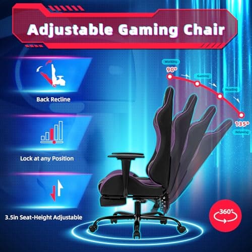 ECOTOUGE PC Massage Gaming Chair with Footrest Ergonomic Office Desk Chair Racing PU Leather Recliner Swivel Rocker with Headrest and Lumbar Pillow, Violet