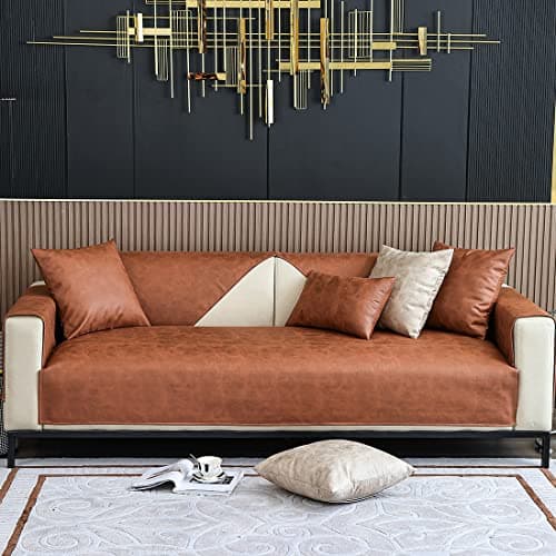 vctops Vintage Leather Look Sofa Cover Water Resistant Non-Slip Sectional Couch Cover Sofa Slipcover for Dogs, Children, Pets Furniture Protector (Coffee,43"x63")