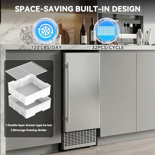 SOZT® Under Counter Ice Maker with Refrigerator Function, 120LBS/24H Commercial Ice Machine, No-Melt Ice Storage, 24H Timer & Self-Cleaning, Built-in/Freestanding for Home Bar Cafe Restaurant