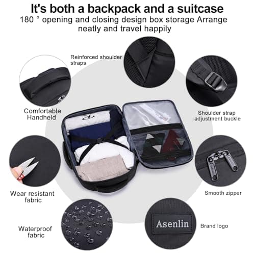 Asenlin Travel Backpack for Women and Men,Fit 15.6 Inch Carry on Backpack Flight Approved Luggage，Weekender Bag Water Resistant Laptop Backpack-Black