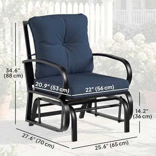 Outsunny Patio Glider, Outdoor Glider Chair with Cushions, Steel Frame, Curved Armrests, Single Gliding Chair for Yard, Porch, Garden, Poolside, Dark Blue