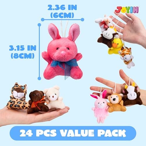 JOYIN 24 Pack Mini Animal Plush Toy Assortment (24 Units 3" Each), Animals Keychain Decoration for Kids, Small Stuffed Animal Bulk for Kids, Carnival Prizes, School Gifts, Party Favor Goodie Bags
