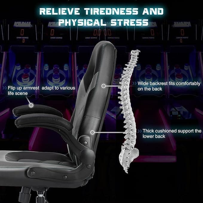 DUMOS Ergonomic Computer Gaming Chair with Flip-up Armrest, Height Adjustable PU Leather Home Office Desk Chair with Lumbar Support Swivel Wheels and for Adults and Kids, Black and Gray