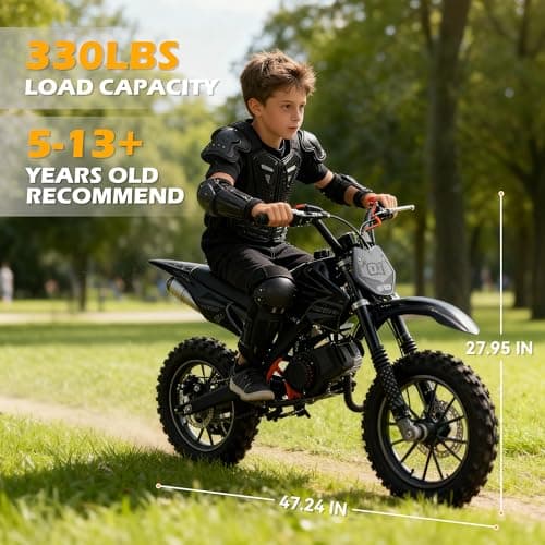 50cc Kids Dirt Bike, 2-Stroke Gas Powered Mini Motorcycle Up to 40MPH, Off-Road Dirt Bike for Kids 8-14 with Front Rear Disc Brakes, Double Shock Absorption (Black)