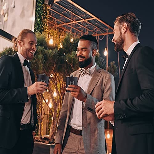 6 Pieces Groomsmen Gifts Set : 1 Pcs 8oz Stainless Steel Tuxedo Flask 1 Pcs Poker Bottle Cap Opener 1 Pcs Groomsmen Gauge Glasses 1 Pcs Sunglasses 1 Pcs Card 1 Pcs Groomsmen Gift Bags for Wedding B0C2Y9C42C