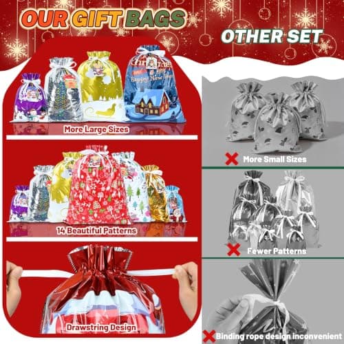14 Styles Colorful Xmas gifts Bags with 20 Cards for Gifts Holiday Present Wrapping Xmas Decor 20 Pcs Christmas Drawstring Gift Bags, Assorted Sizes with More Large Bag. B0H7MP6FX5
