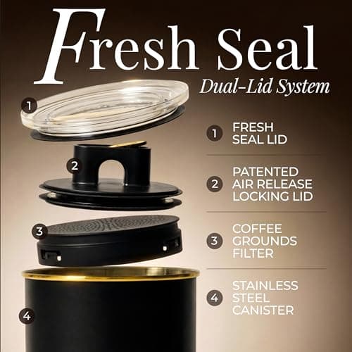 Vacuum Coffee Canister with Airtight Lid – Patented Dual Airtight Coffee Canister with Scoop, Coffee Bean Storage Container or Grounds Container, Storage Container - Black and Gold Kitchen Accessories