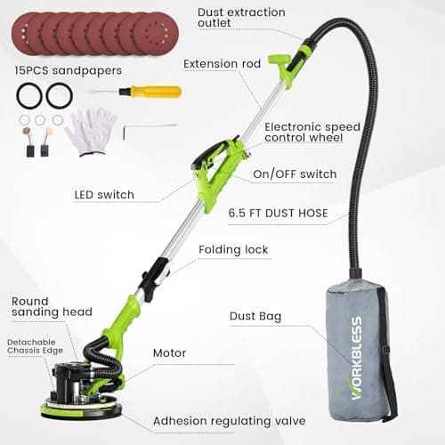 WorkBless Drywall Sander, 1050W 7.2A Popcorn Ceiling Removal Tool, Automatic Drywall Sander with Vacuum Dust Collector, 7 Variable Speed 1000-2100RPM, 15Pcs Sanding Discs(Green)