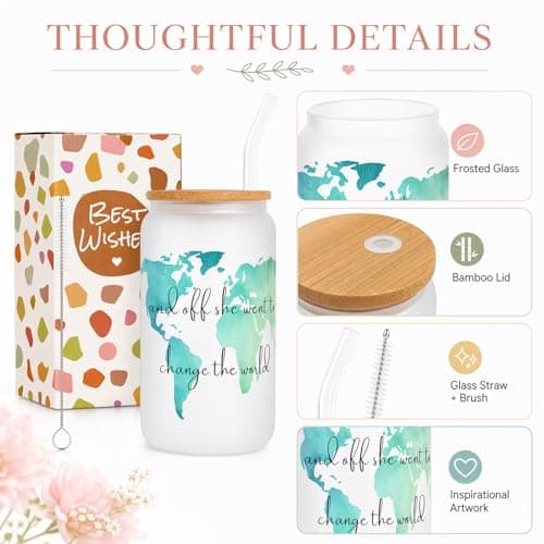 Frerdui Graduation Gift for Her – And Off She Went to Change the World 16oz Glass Cup, Cute Grad Gift for College High School Graduate, Grad Gift for Daughter Niece Granddaughter Friend B0GTY7QRB9