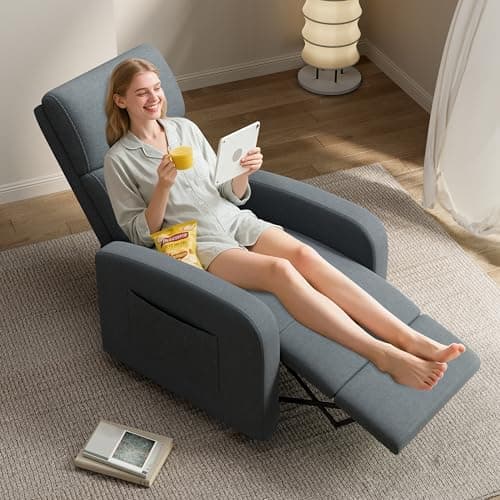GarveeHome Linen Fabric Manual Recliner Chair, with Side Pocket, High Backrest, Thick Cushion, Adjustable Push Back Recliner,Cozy Lounge Chair for Living Room, Home Theater, Bedroom, Dark Gray