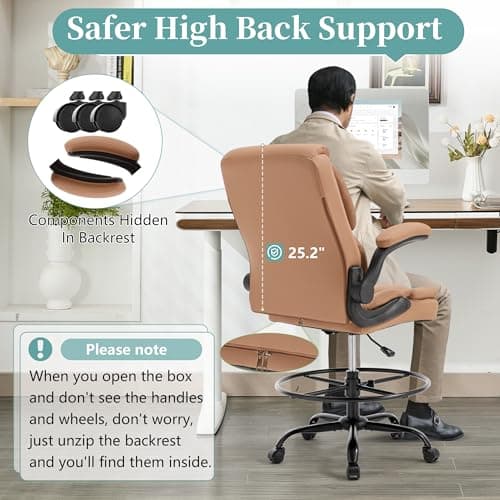 Ergonomic Drafting Chair, Tall Office Chair for Standing Desk, High Back Standing Desk Chair with Flip-Up Armrest, Adjustable Height&Foot Ring, Executive PU Leather Extended Height Office Chairs,Brown