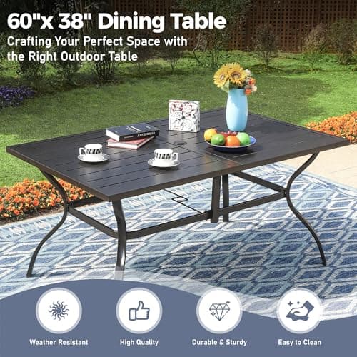 SUNSHINE VALLEY 7 Piece Patio Dining Set for 6, Rectangular Metal Table with Umbrella Hole, 6 Brown Dining Chairs, Outdoor Table and Chairs Set for Lawn Backyard and Deck