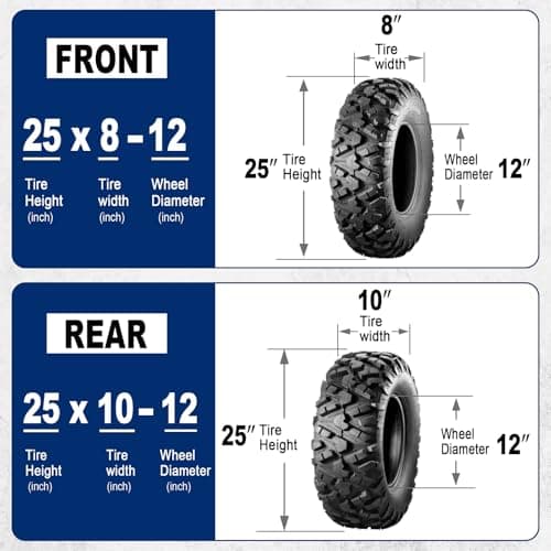 MaxAuto Set of 4 UTV ATV Tires 25x8-12 Front & 25X10-12 Rear Tire, 6PR Tubeless, Four Wheeler Tires All Terrain Tire 25x8x12 Sport Mud-tires 25x10x12 Off Road tire, 4 Pack in 2 Packages