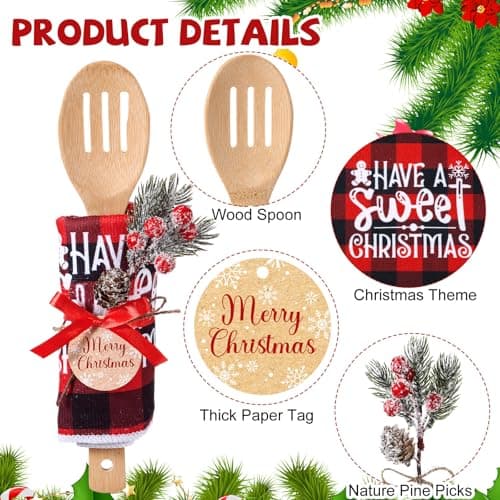 Pinkunn 8 Set Christmas Kitchen Gifts Bulk Xmas Dish Towels and Wooden Spoons Pine Picks Thank You Tag Ribbon Holiday Cooking Utensils Housewarming Gifts for Neighbor Employee Kitchen Xmas(Festive)