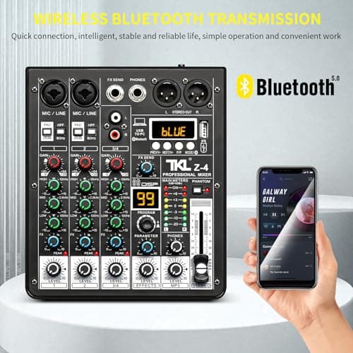 TKLBLS 4 Channel Audio Mixer, Professional DJ Mixer Sound Board Mixing Console with 99-Bit DSP Effect, Bluetooth USB Interface Stereo Mixer Board with 48V Phantom Power For Recording Live Stream