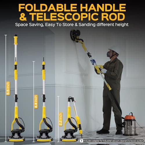 Drywall Sander Tool, KUPERIA 8.5 Amp Popcorn Ceiling Removal Tool with 7 Variable Speed 800-1800RPM, Electric Drywall Sander with Extendable Handle, LED Light,6 Basic Sand Paper & 6 Grid Sandpaper