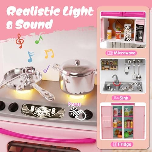 5 in 1 Kids Kitchen Playset Toys with Light & Sound, Doll House Furniture Accessories, 64 PCS Pretend Cooking Food Set, Play Kitchen for Toddlers, Gifts for Girl Ages 3-5 Year Old